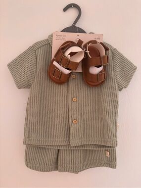 Baby Knit Three-Piece Set with Brown Sandals - Sage Green